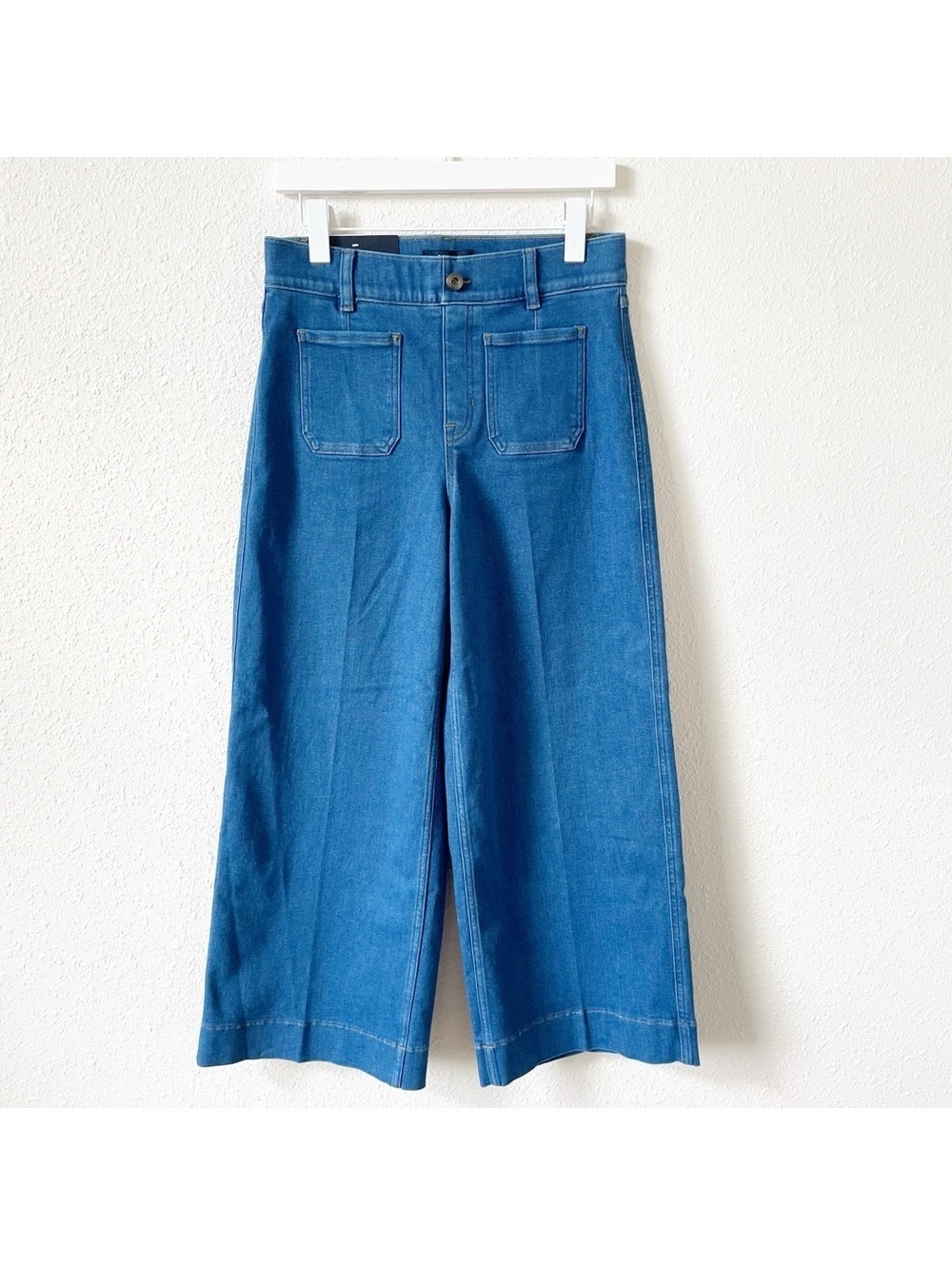 Spanx Cropped Wide Leg Jean Washed Blue Size Medium Patch Pocket Chore Retro